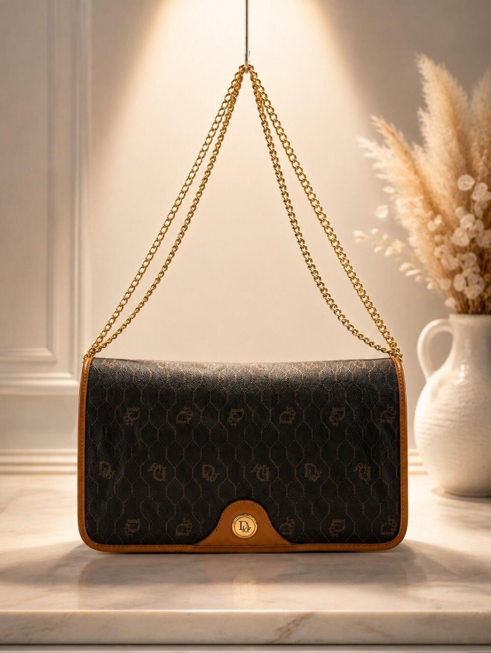 Vintage Christian Dior Honeycomb PVC Leather Black Beige Chain Shoulder Bag